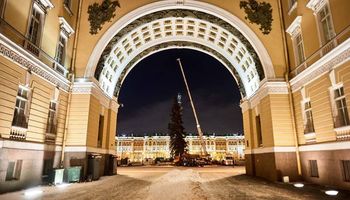 Главную ёлку в Санкт-Петербурге установили ночью на Дворцовой площади