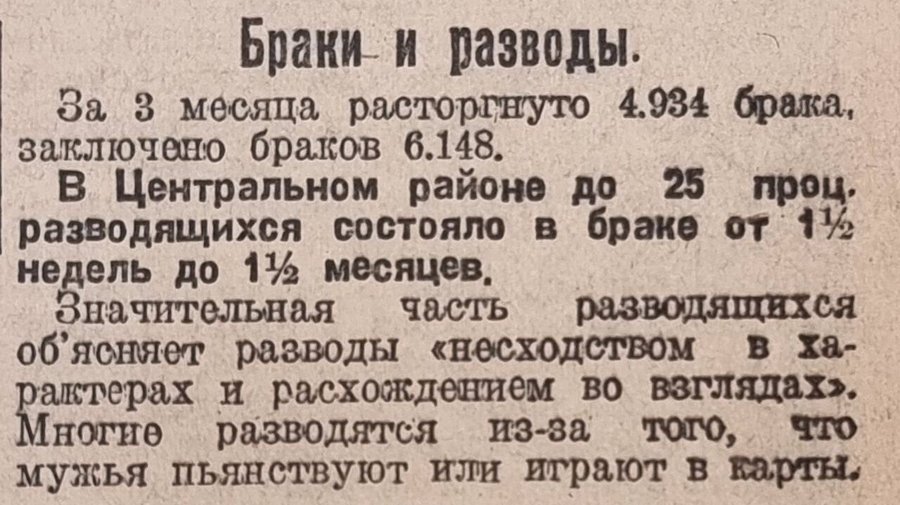 Минута истории: Сто лет назад каждый четвертый разводящийся в Ленинграде не проводил в браке и полутора месяцев.