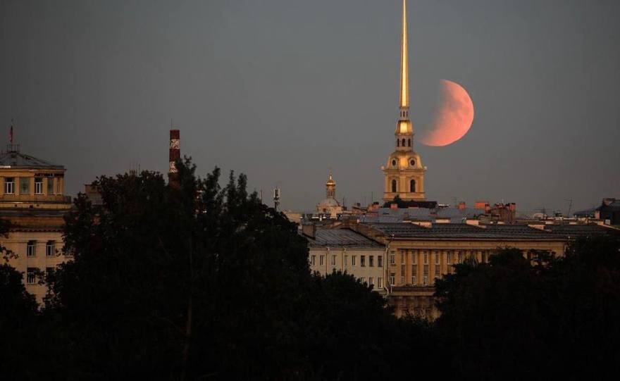 Лунное затмение в самом разгаре над Питером — прямо сейчас огромная Кровавая Луна восходит над городом.