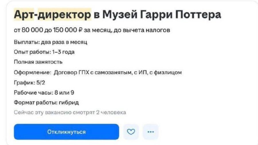 Идеальная вакансия найдена в Петербургском музее Гарри Поттера: ищут арт-директора с зарплатой до 150 тысяч рублей