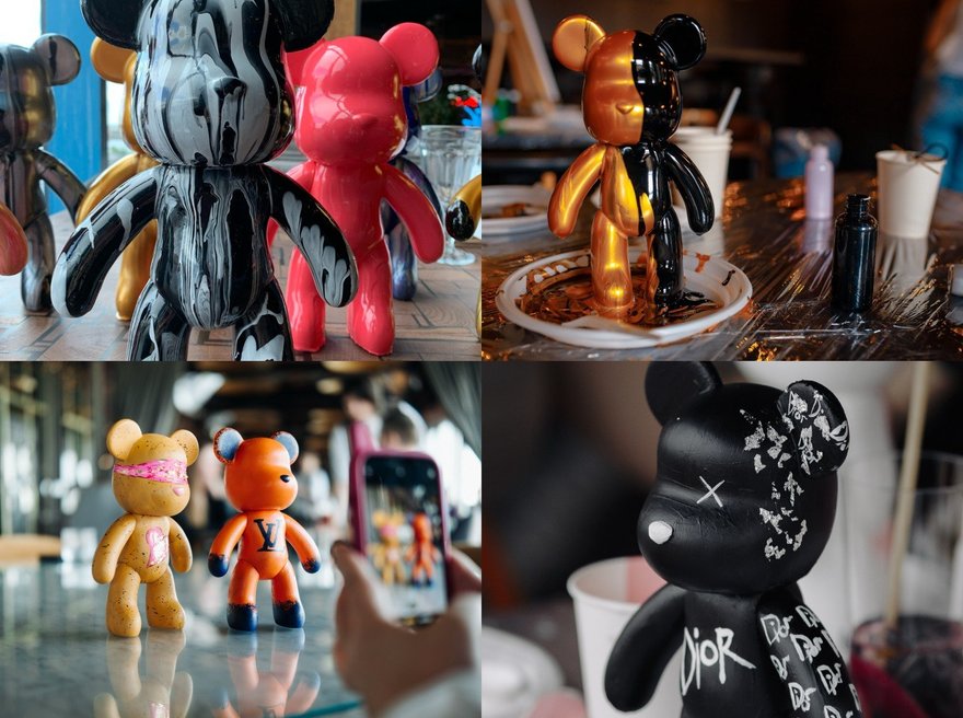 Роспись мишки Bearbricks в технике флюид-арт с видом на Неву