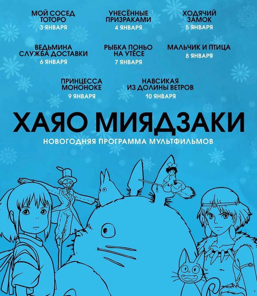Мультики Хаяо Миядзаки покажут в кинотеатре «Родина» с 3 по 10 января.