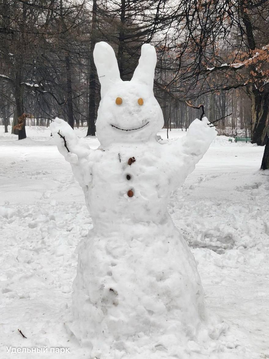 Петербуржцы делятся своими талантами в лепке снеговиков в Удельном парке.