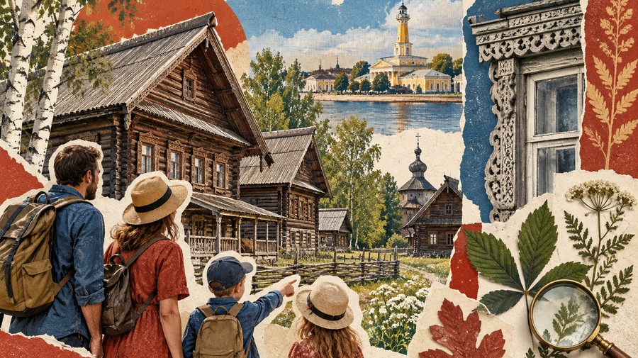 Коллаж: деревянные дома Костромы, резной наличник и растения
