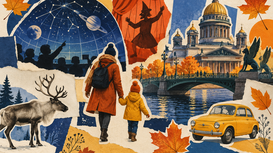 Бумажный коллаж: семья, петербургский мост, театральный занавес, звёздный купол, ретромашина и олень