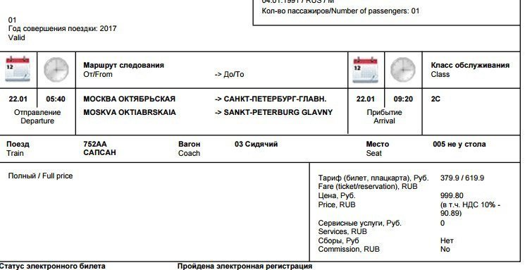Электронный билет на Сапсан Москва Санкт Петербург.