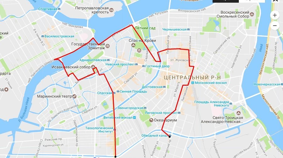 Лиговский проспект — Дворцовая набережная — Исаакиевский собор — Обводный канал 