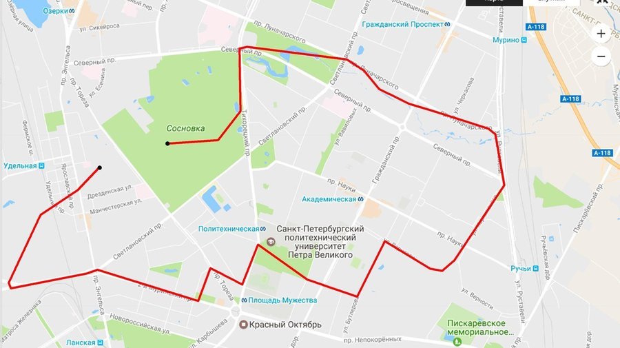 Сосновка — Муринский парк — Удельный парк 