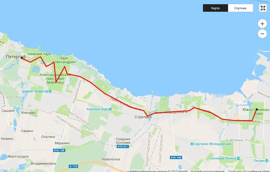 Южно-Приморский парк — Стрельна — Петергоф