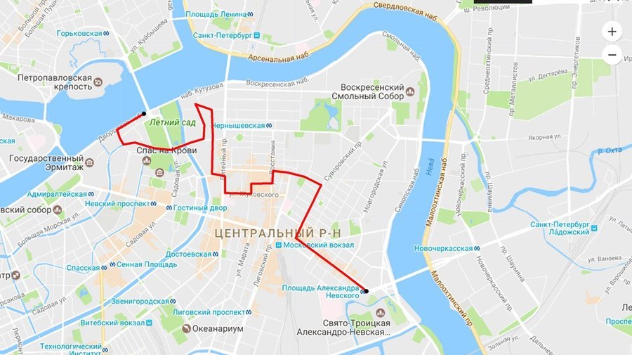 Дворцовая набережная — Чернышевская — улица Восстания — Невский проспект — площадь Александра Невского 